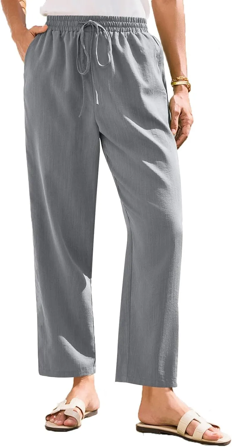White Pants Women Wide Leg Summer, Work Pants Cargo Cotton Linen Trousers with Pockets Baggy Low Rise