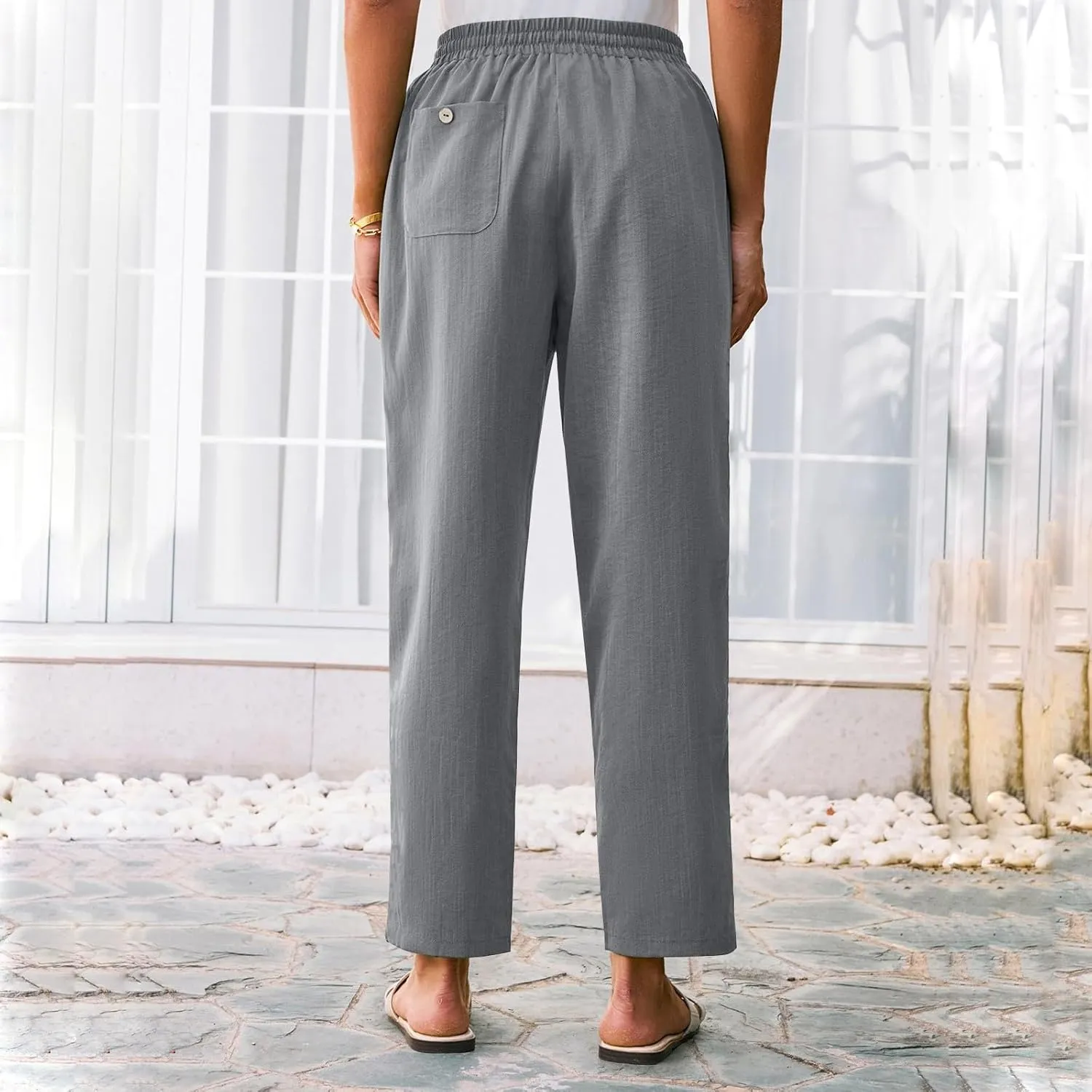White Pants Women Wide Leg Summer, Work Pants Cargo Cotton Linen Trousers with Pockets Baggy Low Rise