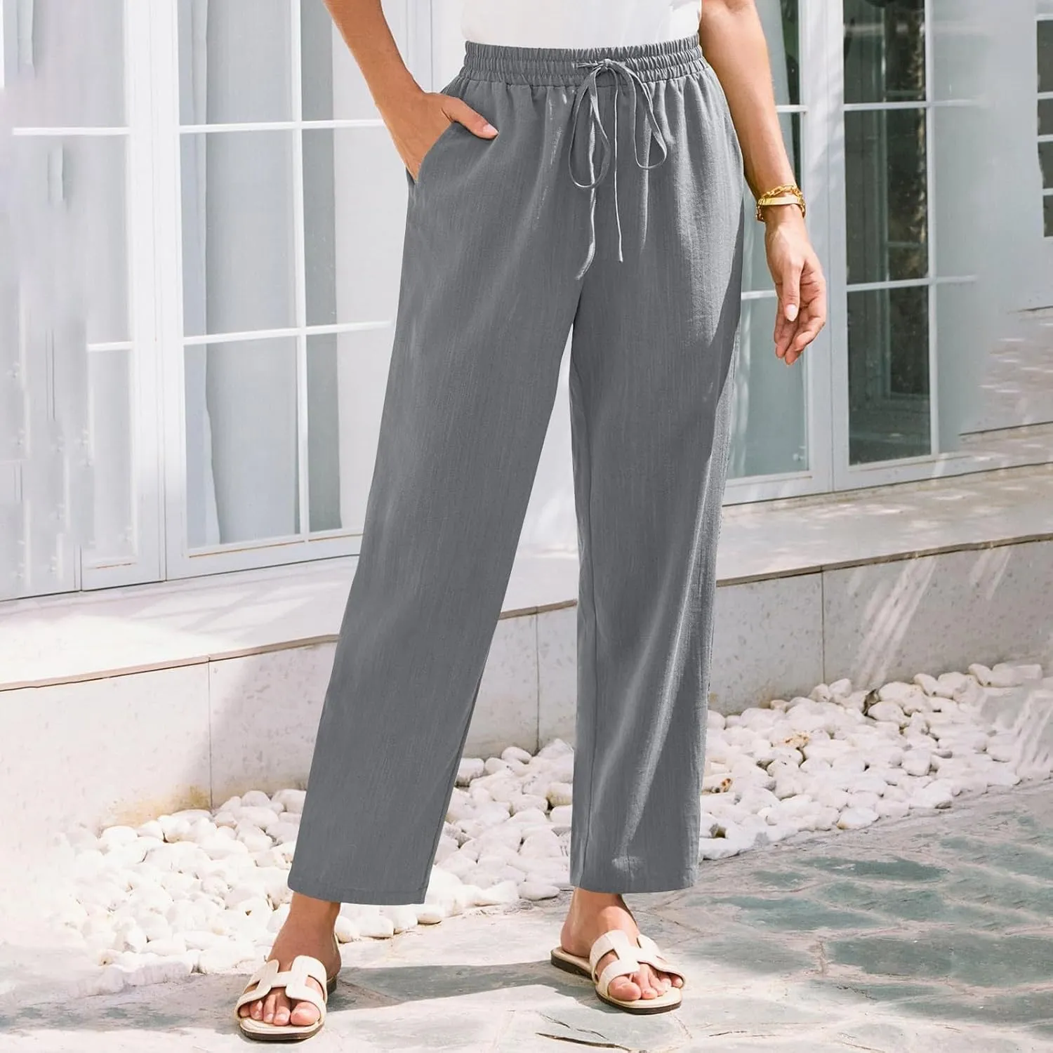White Pants Women Wide Leg Summer, Work Pants Cargo Cotton Linen Trousers with Pockets Baggy Low Rise
