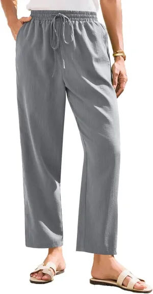 White Pants Women Wide Leg Summer, Work Pants Cargo Cotton Linen Trousers with Pockets Baggy Low Rise