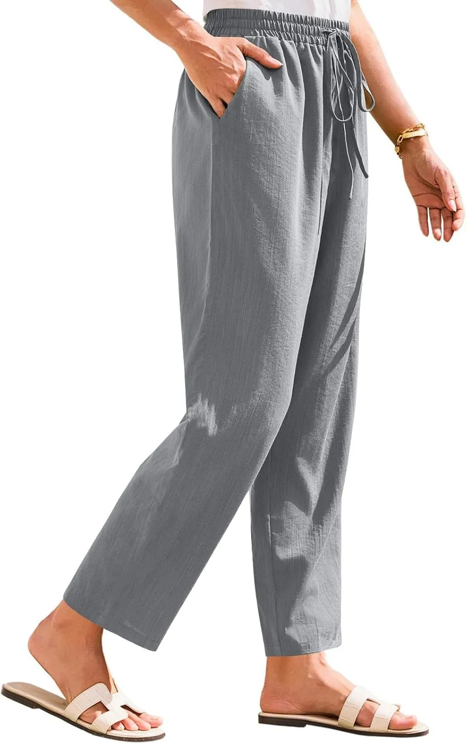 White Pants Women Wide Leg Summer, Work Pants Cargo Cotton Linen Trousers with Pockets Baggy Low Rise