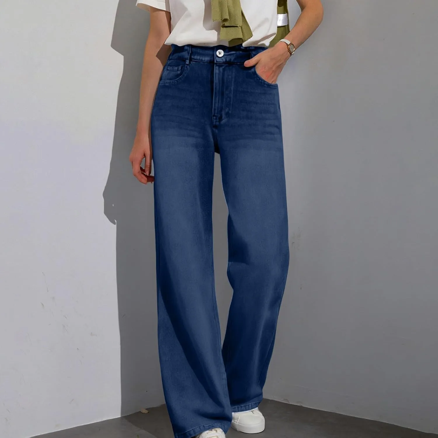 Wide Leg Jeans Woman Classic Baggy Elastic Waist Wide Leg Denim Pants Casual Vintage Soft Trousers with Pockets