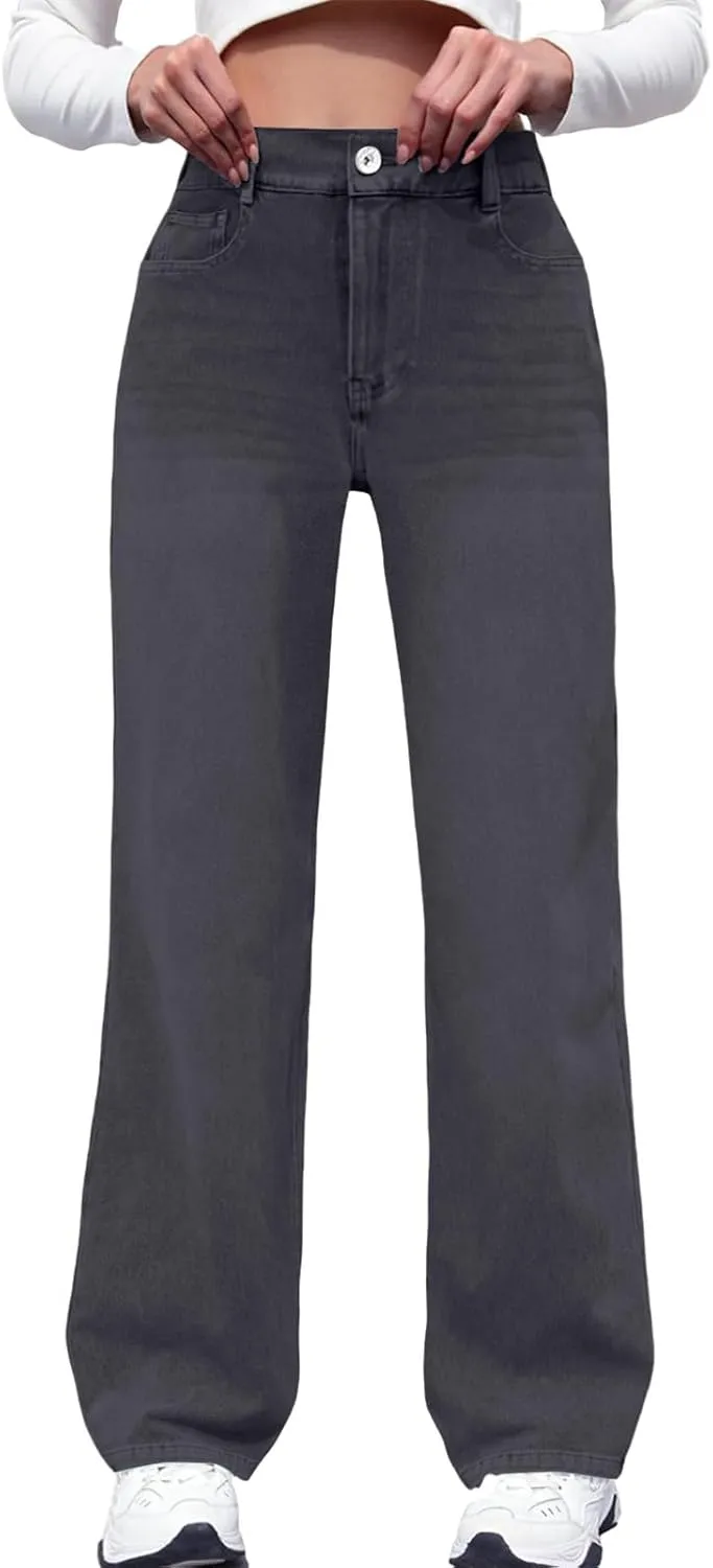 Wide Leg Jeans Woman Classic Baggy Elastic Waist Wide Leg Denim Pants Casual Vintage Soft Trousers with Pockets