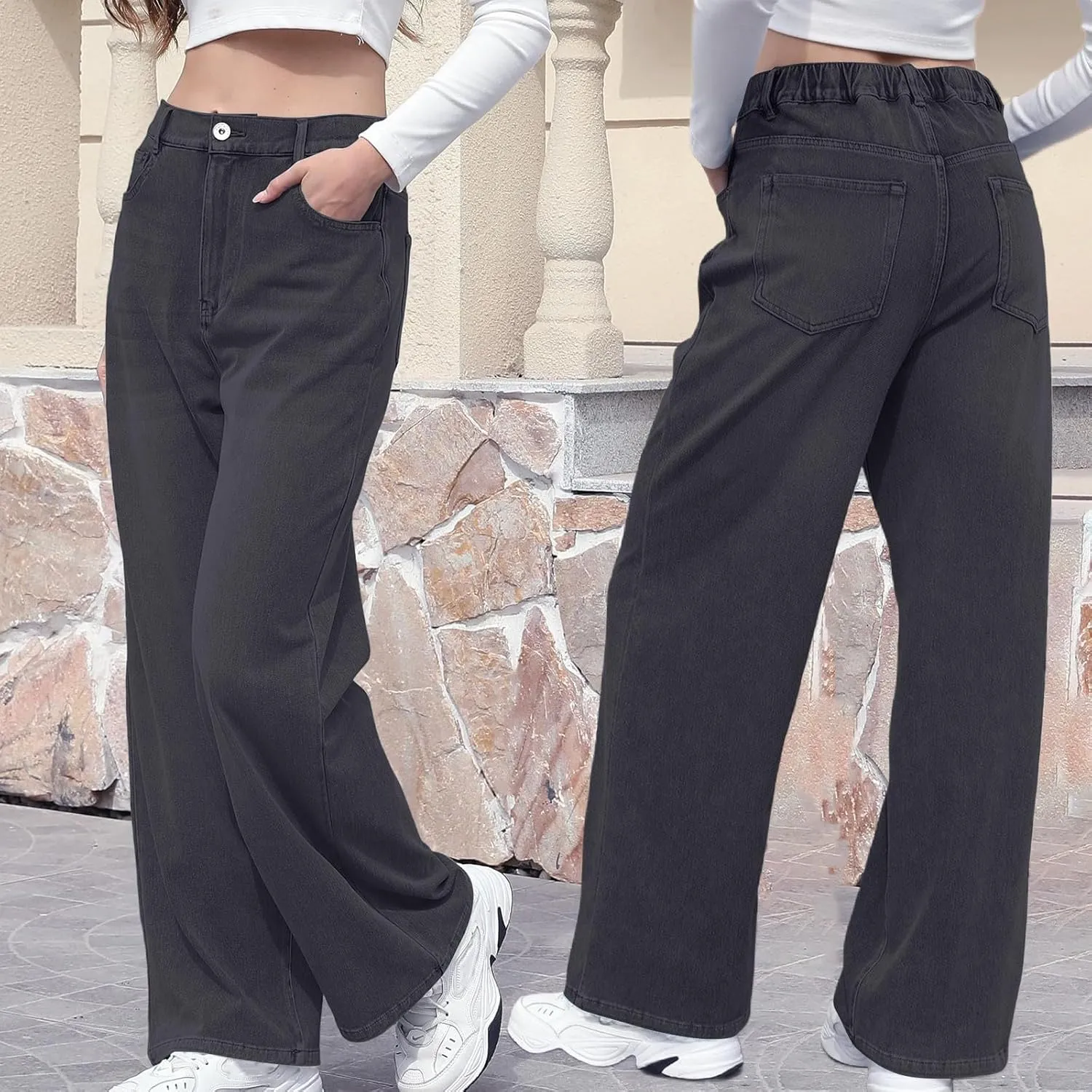 Wide Leg Jeans Woman Classic Baggy Elastic Waist Wide Leg Denim Pants Casual Vintage Soft Trousers with Pockets