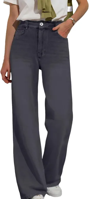 Wide Leg Jeans Woman Classic Baggy Elastic Waist Wide Leg Denim Pants Casual Vintage Soft Trousers with Pockets