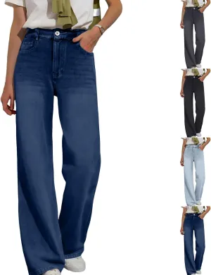 Wide Leg Jeans Woman Classic Baggy Elastic Waist Wide Leg Denim Pants Casual Vintage Soft Trousers with Pockets