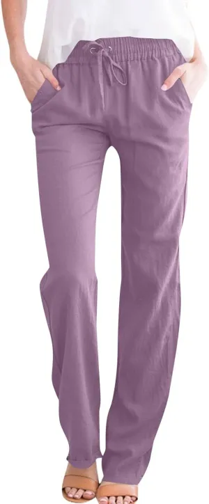 Wide Leg Pants Woman High Waisted,Womens Sweatpants Straight Linen Cotton Trousers Pockets Dressy Palazzo