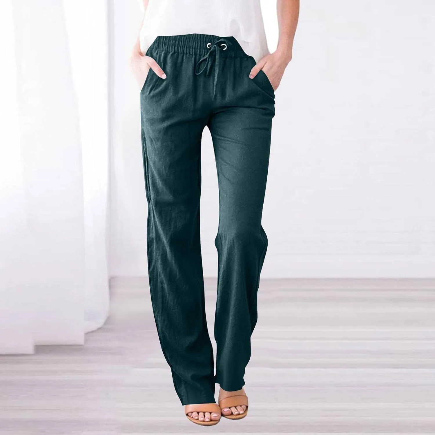 Wide Leg Pants Woman High Waisted,Womens Sweatpants Straight Linen Cotton Trousers Pockets Dressy Palazzo