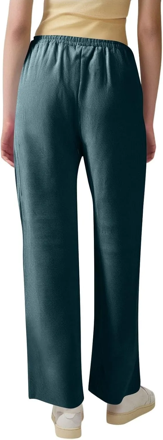 Wide Leg Pants Woman High Waisted,Womens Sweatpants Straight Linen Cotton Trousers Pockets Dressy Palazzo