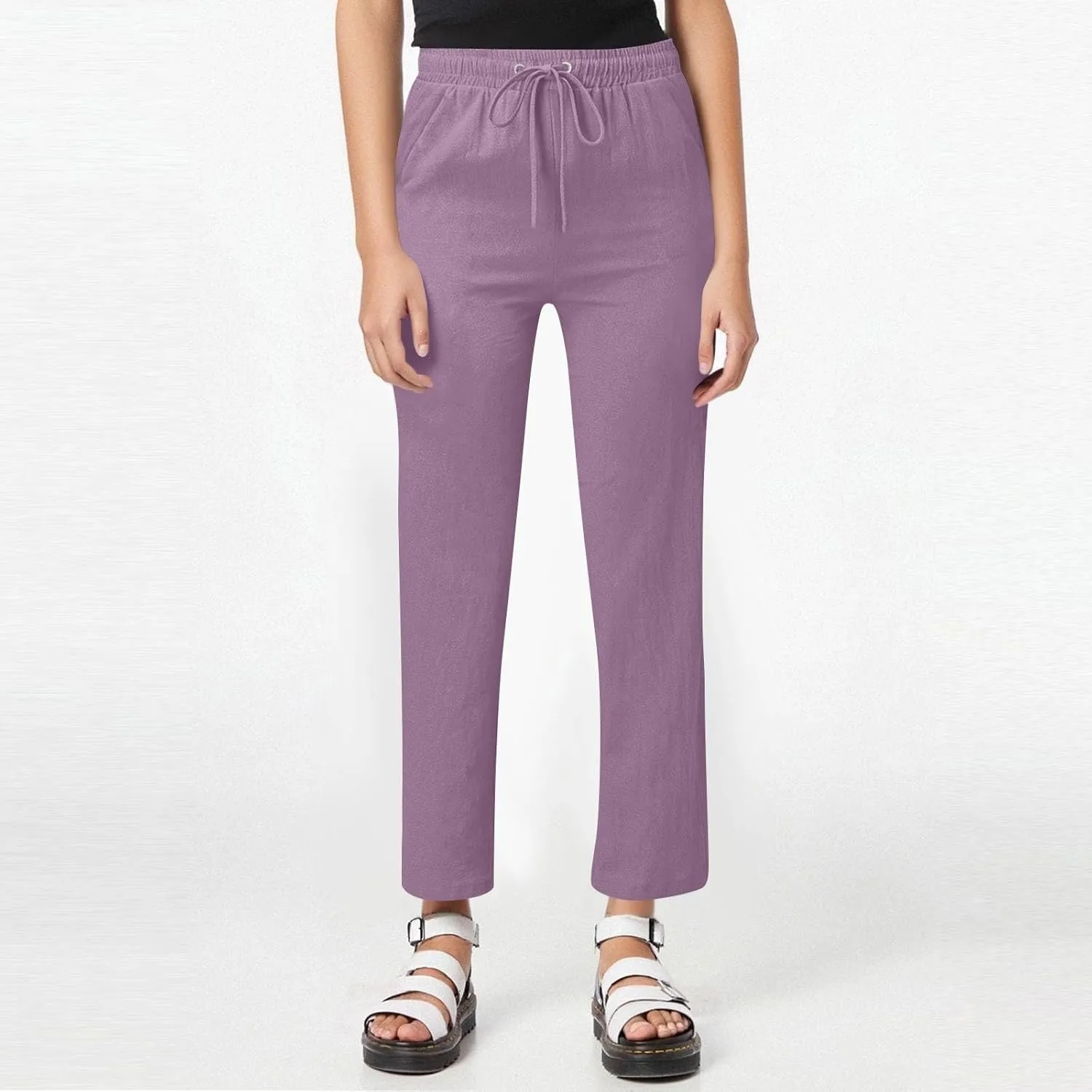 Wide Leg Pants Woman High Waisted,Womens Sweatpants Straight Linen Cotton Trousers Pockets Dressy Palazzo