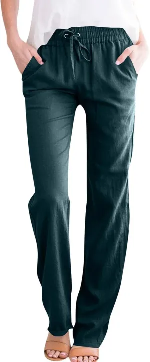 Wide Leg Pants Woman High Waisted,Womens Sweatpants Straight Linen Cotton Trousers Pockets Dressy Palazzo