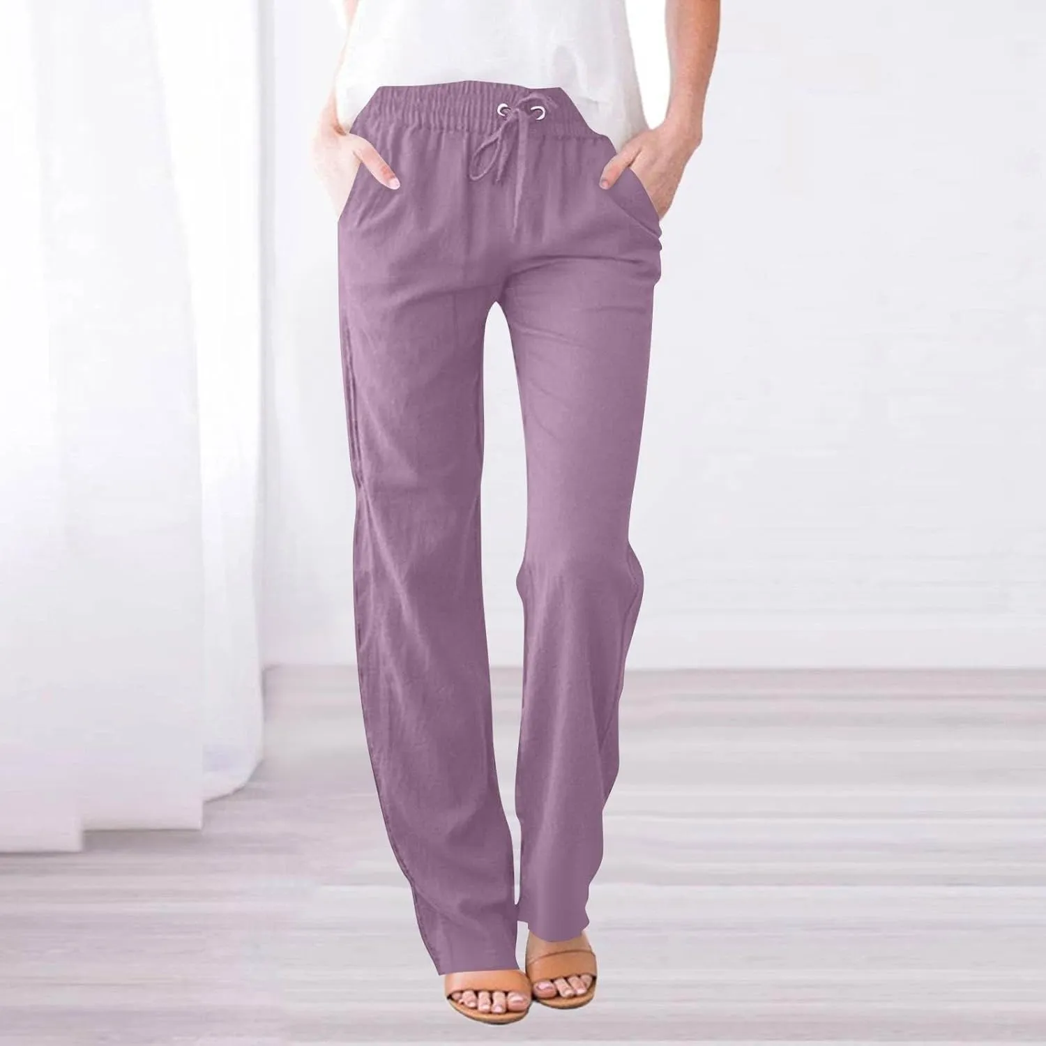 Wide Leg Pants Woman High Waisted,Womens Sweatpants Straight Linen Cotton Trousers Pockets Dressy Palazzo