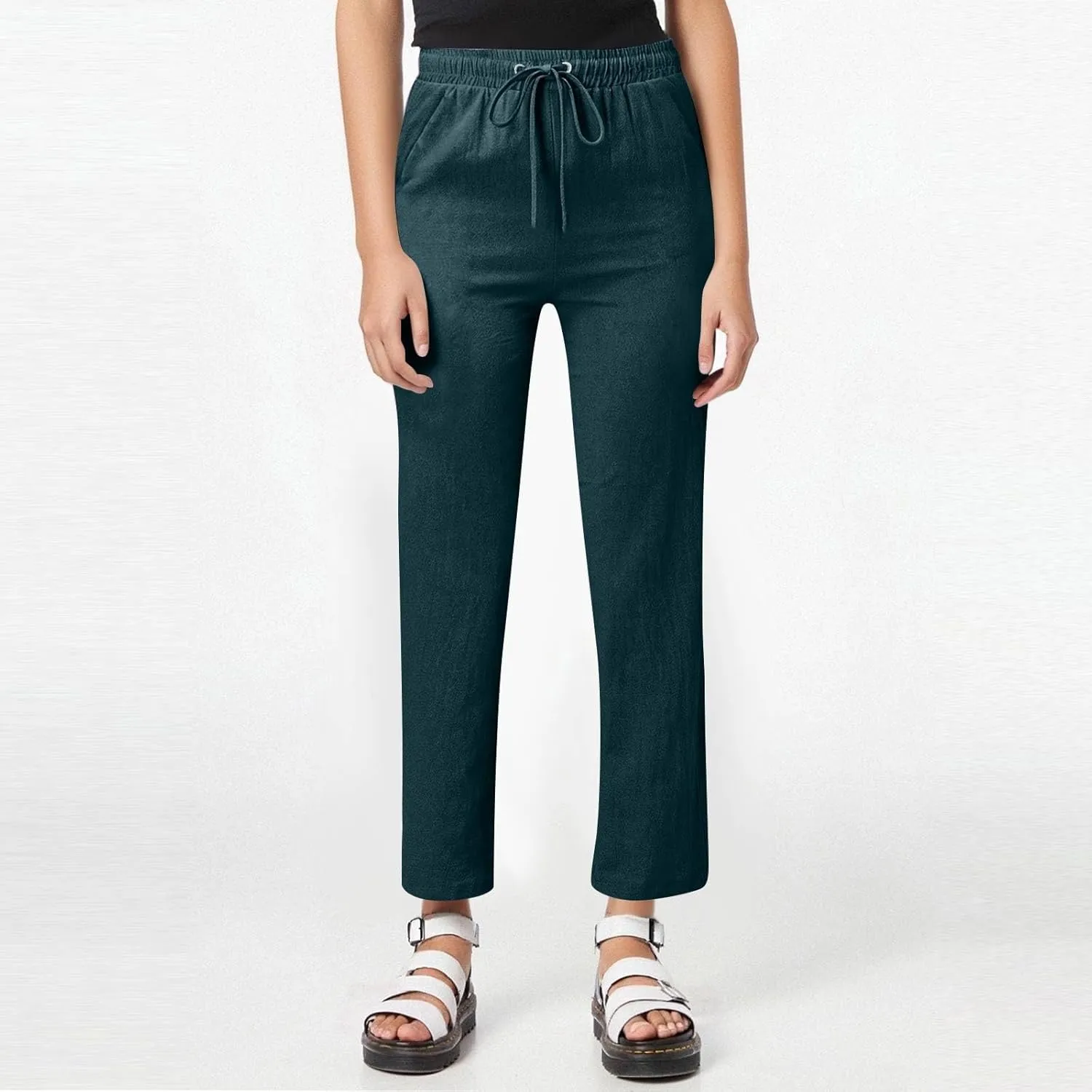 Wide Leg Pants Woman High Waisted,Womens Sweatpants Straight Linen Cotton Trousers Pockets Dressy Palazzo