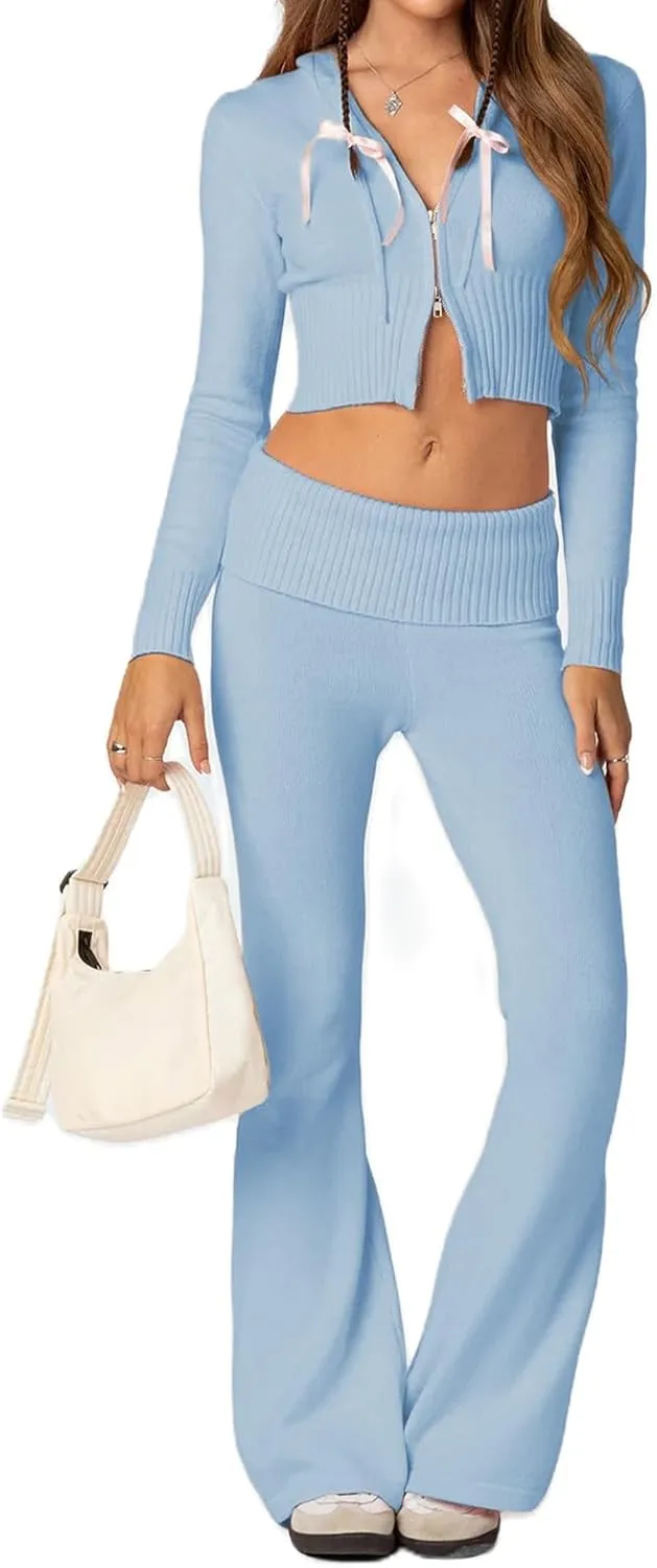 Women Knit Two Piece Set Y2k Long Sleeve Zip Up Crop Hoodie and Low Rise Flare Leggings Jogger Pants Set Loungewear