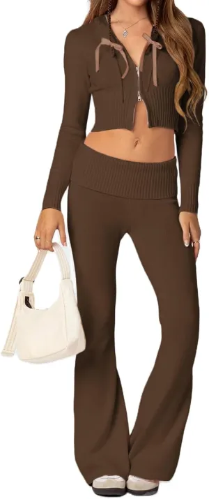 Women Knit Two Piece Set Y2k Long Sleeve Zip Up Crop Hoodie and Low Rise Flare Leggings Jogger Pants Set Loungewear