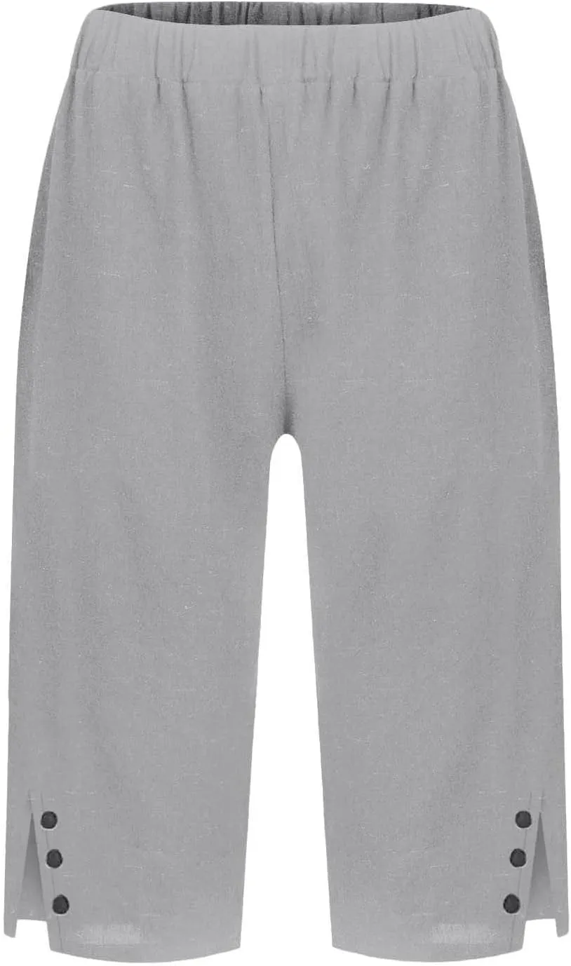 Women Pants Cotton Linen Wide Leg Business Casual,Yoga Sweatpants High Waisted Slit Button Waist Capris Pockets