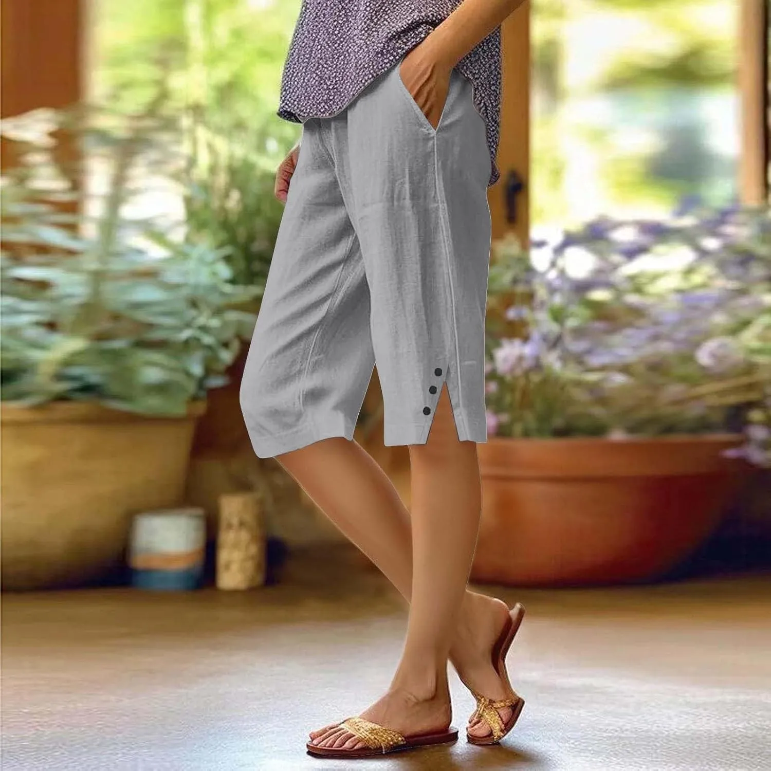Women Pants Cotton Linen Wide Leg Business Casual,Yoga Sweatpants High Waisted Slit Button Waist Capris Pockets
