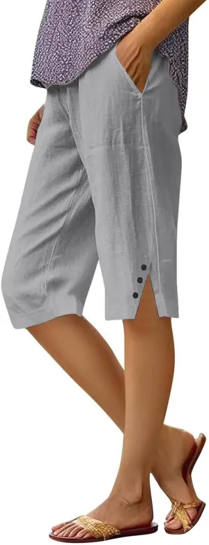 Women Pants Cotton Linen Wide Leg Business Casual,Yoga Sweatpants High Waisted Slit Button Waist Capris Pockets