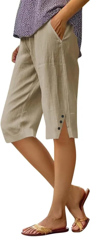 Women Pants Cotton Linen Wide Leg Business Casual,Yoga Sweatpants High Waisted Slit Button Waist Capris Pockets