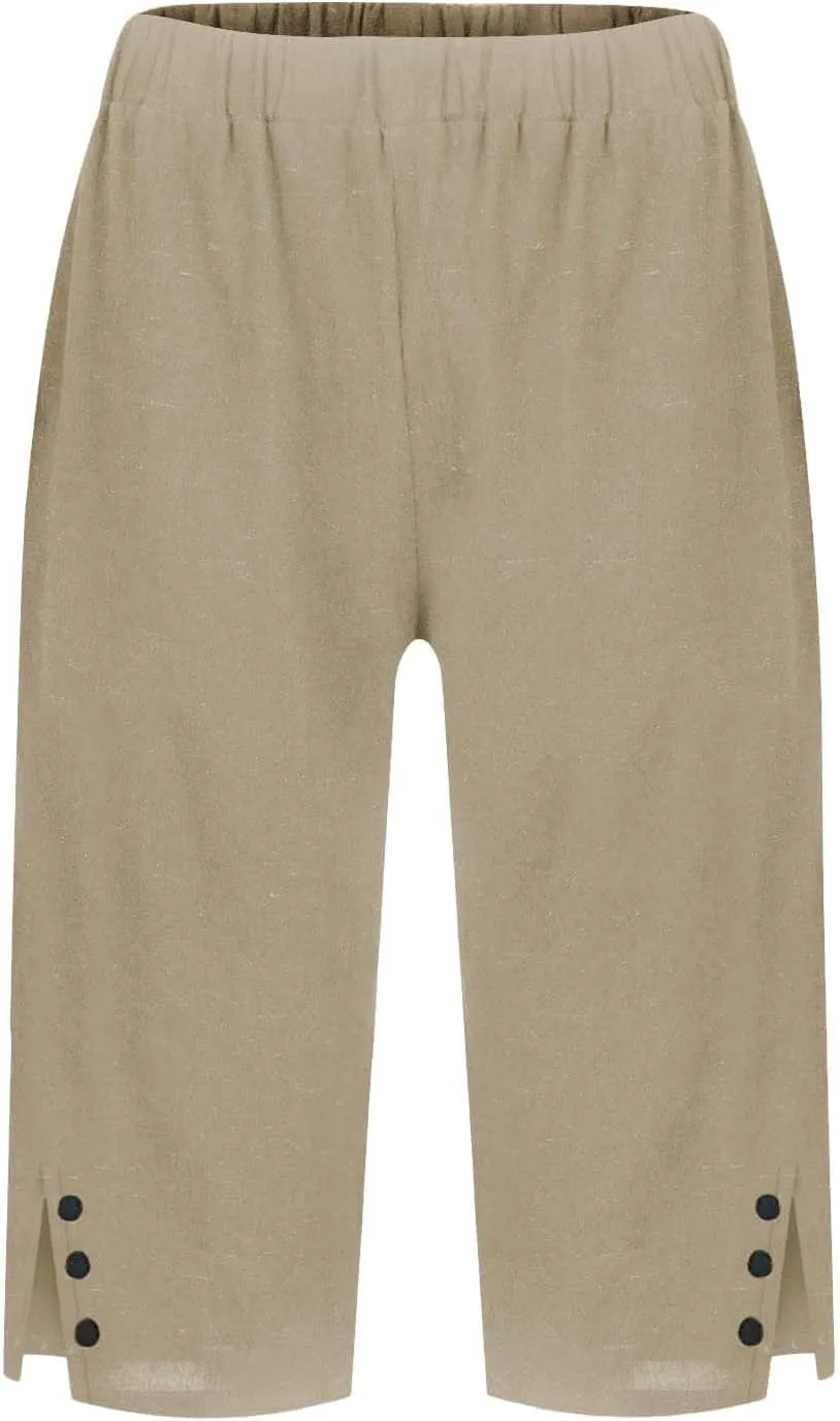 Women Pants Cotton Linen Wide Leg Business Casual,Yoga Sweatpants High Waisted Slit Button Waist Capris Pockets