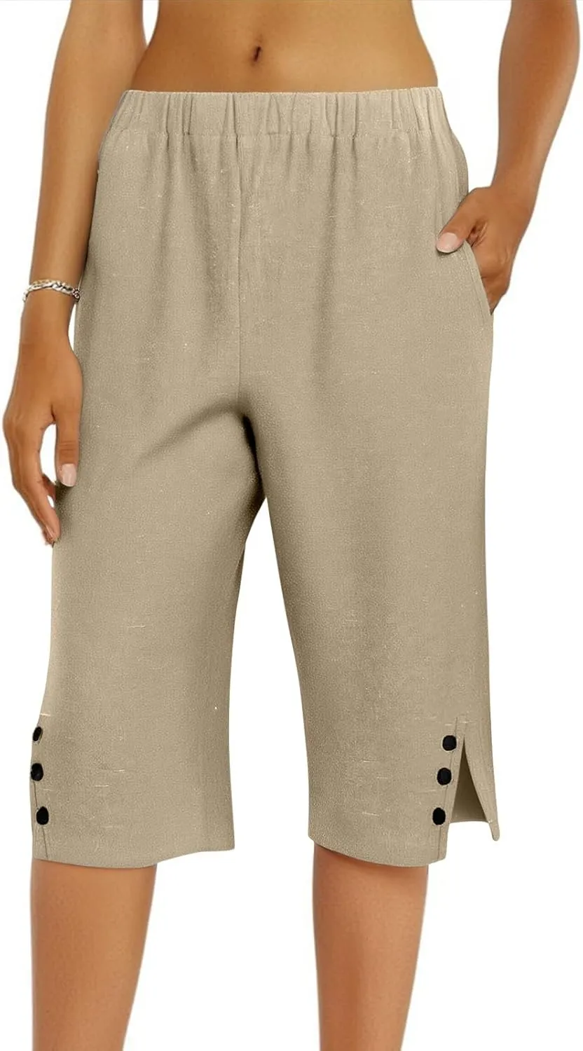 Women Pants Cotton Linen Wide Leg Business Casual,Yoga Sweatpants High Waisted Slit Button Waist Capris Pockets