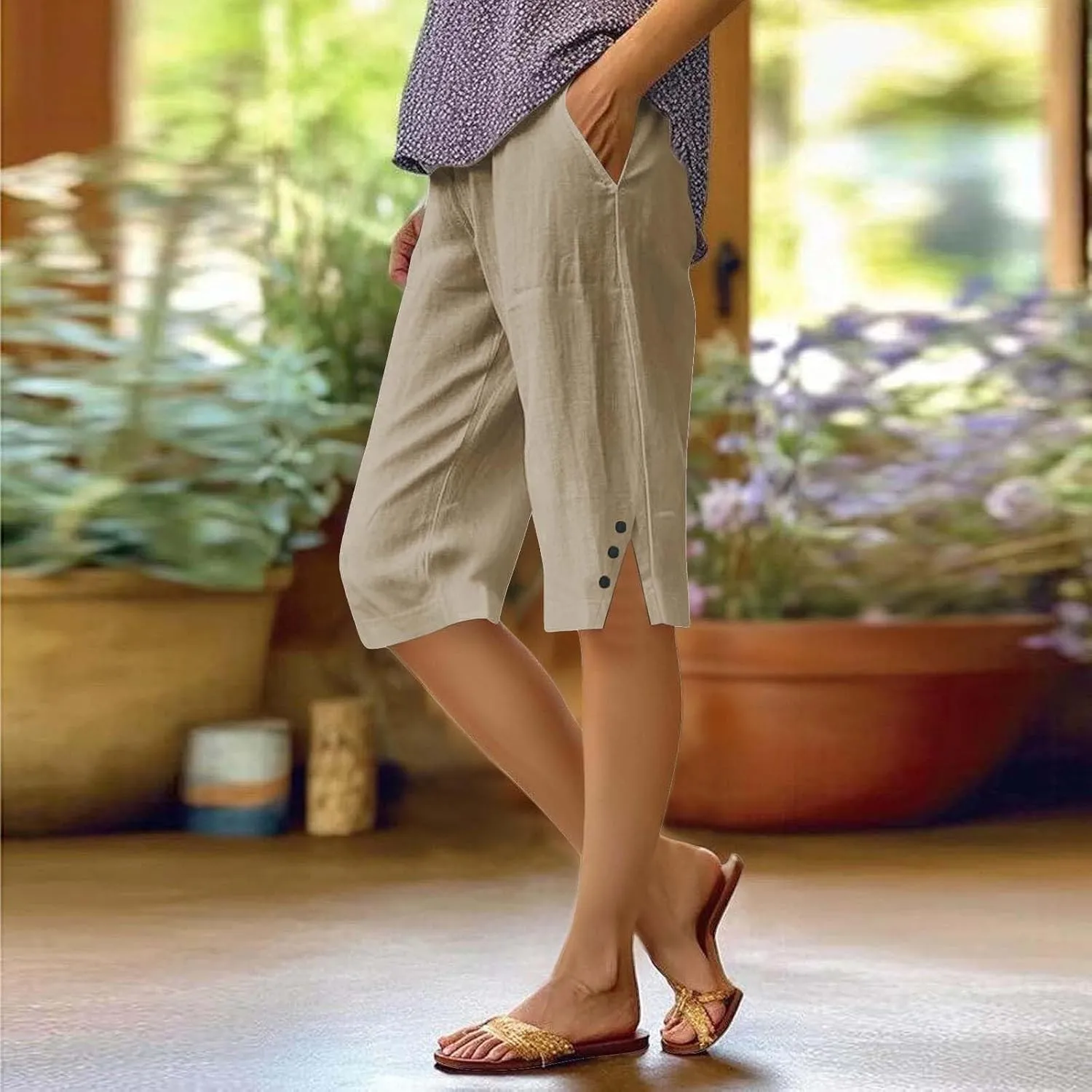 Women Pants Cotton Linen Wide Leg Business Casual,Yoga Sweatpants High Waisted Slit Button Waist Capris Pockets
