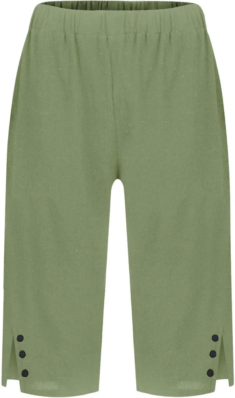 Women Pants Cotton Linen Wide Leg Business Casual,Yoga Sweatpants High Waisted Slit Button Waist Capris Pockets