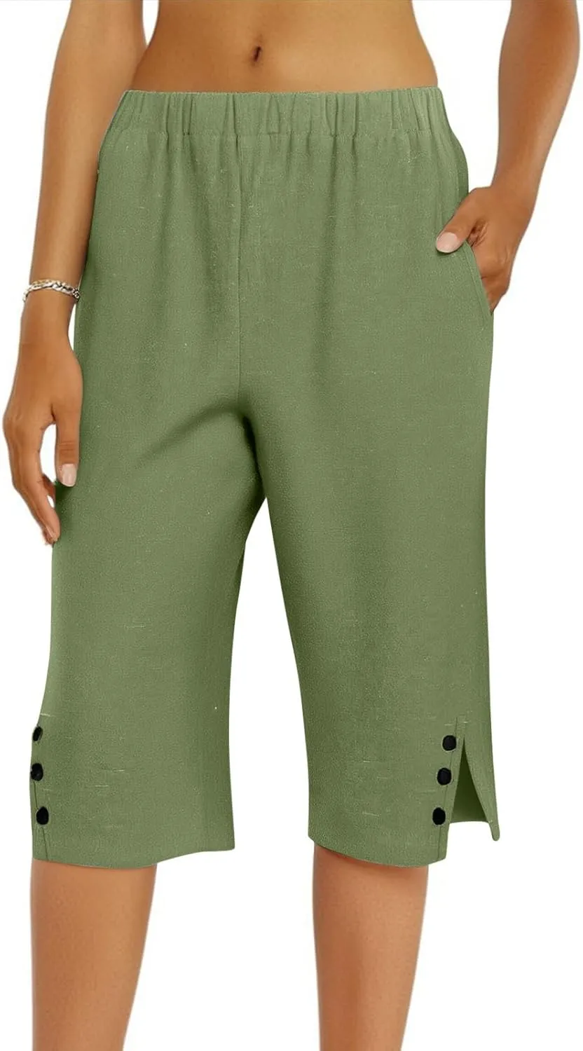 Women Pants Cotton Linen Wide Leg Business Casual,Yoga Sweatpants High Waisted Slit Button Waist Capris Pockets