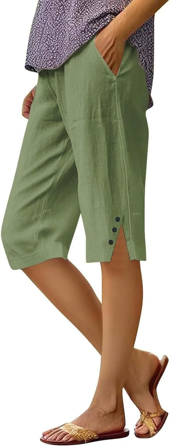 Women Pants Cotton Linen Wide Leg Business Casual,Yoga Sweatpants High Waisted Slit Button Waist Capris Pockets