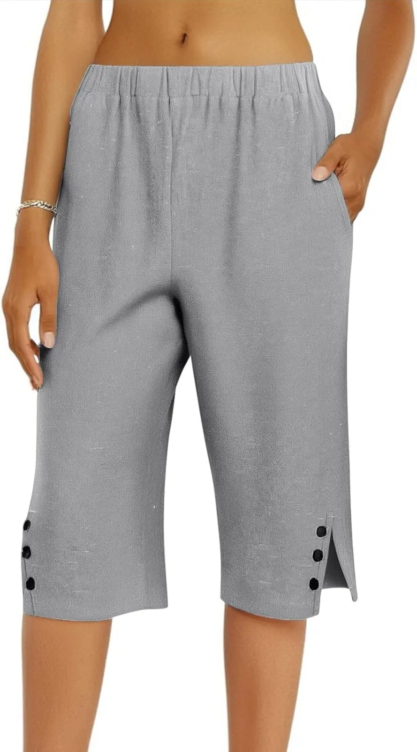 Women Pants Cotton Linen Wide Leg Business Casual,Yoga Sweatpants High Waisted Slit Button Waist Capris Pockets