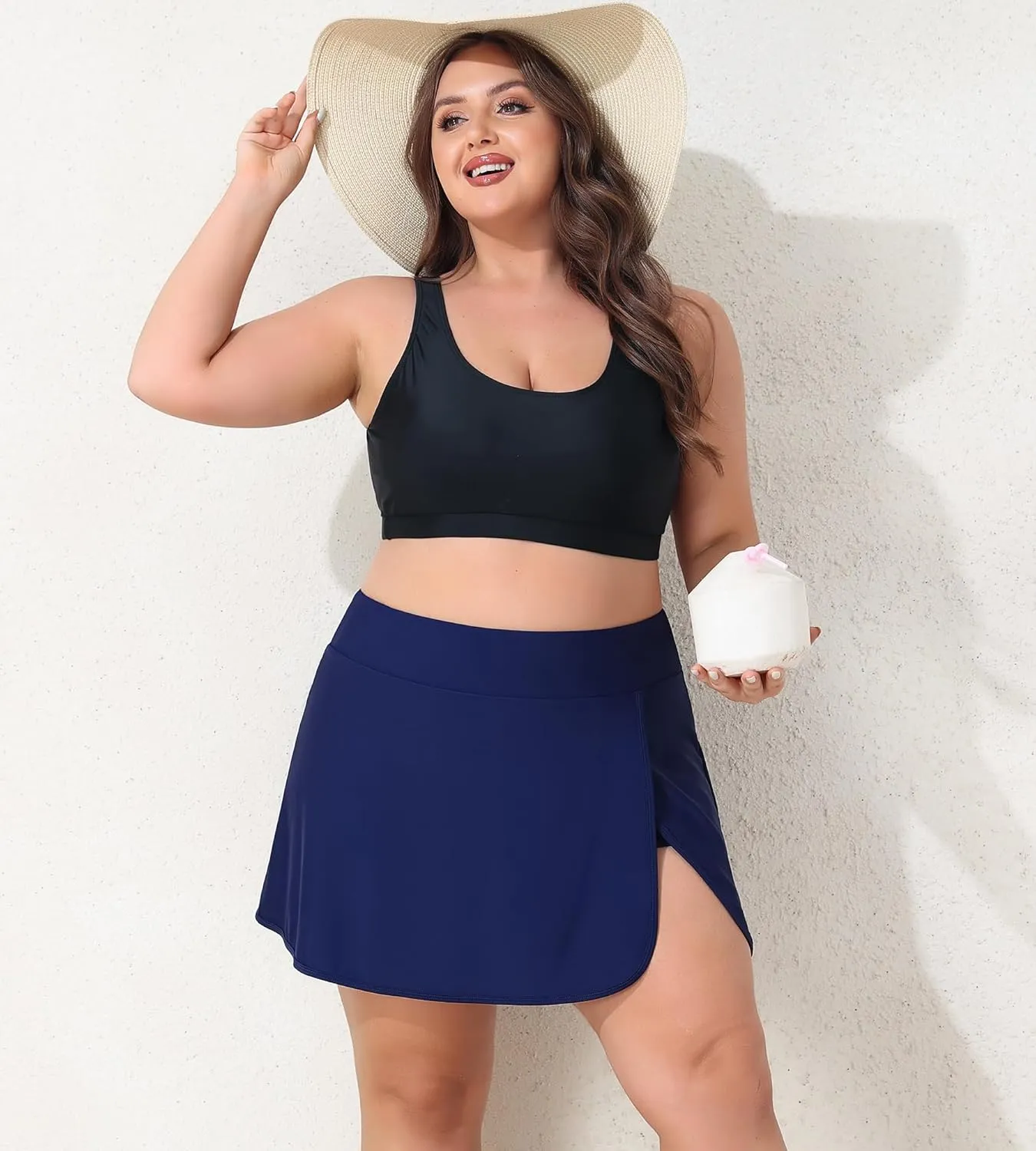 Women Plus Size Swim Skirt Tummy Control Split Swimsuit Bottom High Waisted Swim Suit Skirt with Pockets