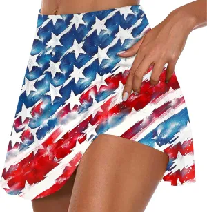 Women Tennis Skorts American Flag Patriotic Golf Skirts with Shorts Independence Day Stretchy Skirts Athletic Skorts
