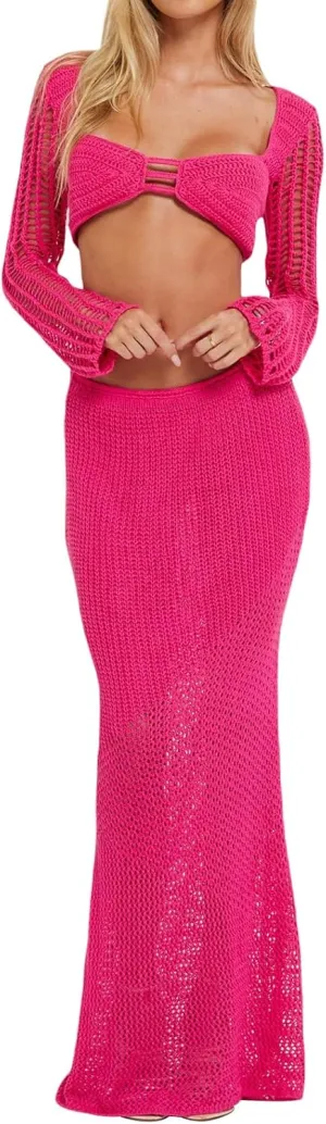 Women Y2K Hollow Out Knit Skirt Outfits Long Sleeve Square Neck Crop Tops   Long Skirts Sexy Beach 2pcs Sets
