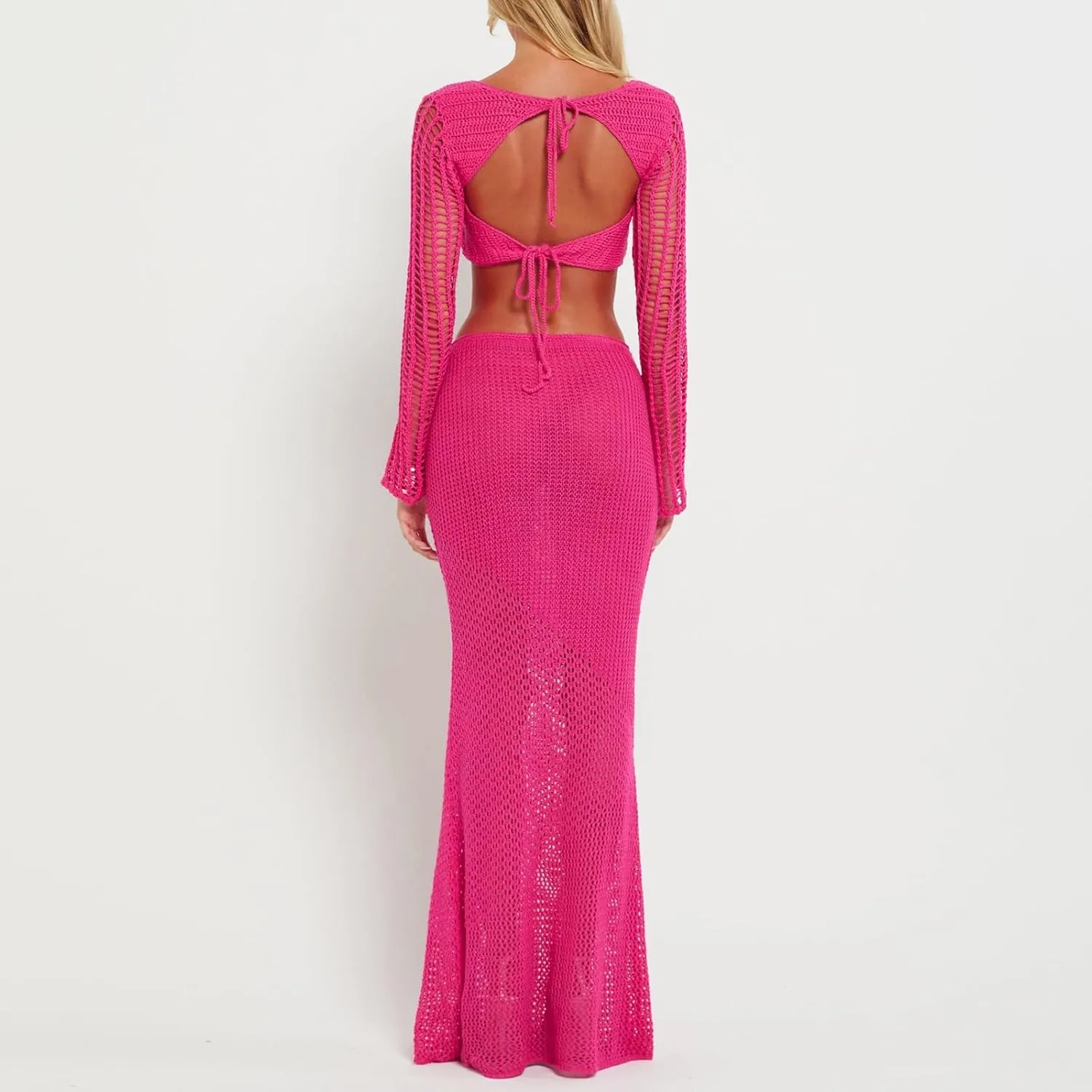 Women Y2K Hollow Out Knit Skirt Outfits Long Sleeve Square Neck Crop Tops   Long Skirts Sexy Beach 2pcs Sets