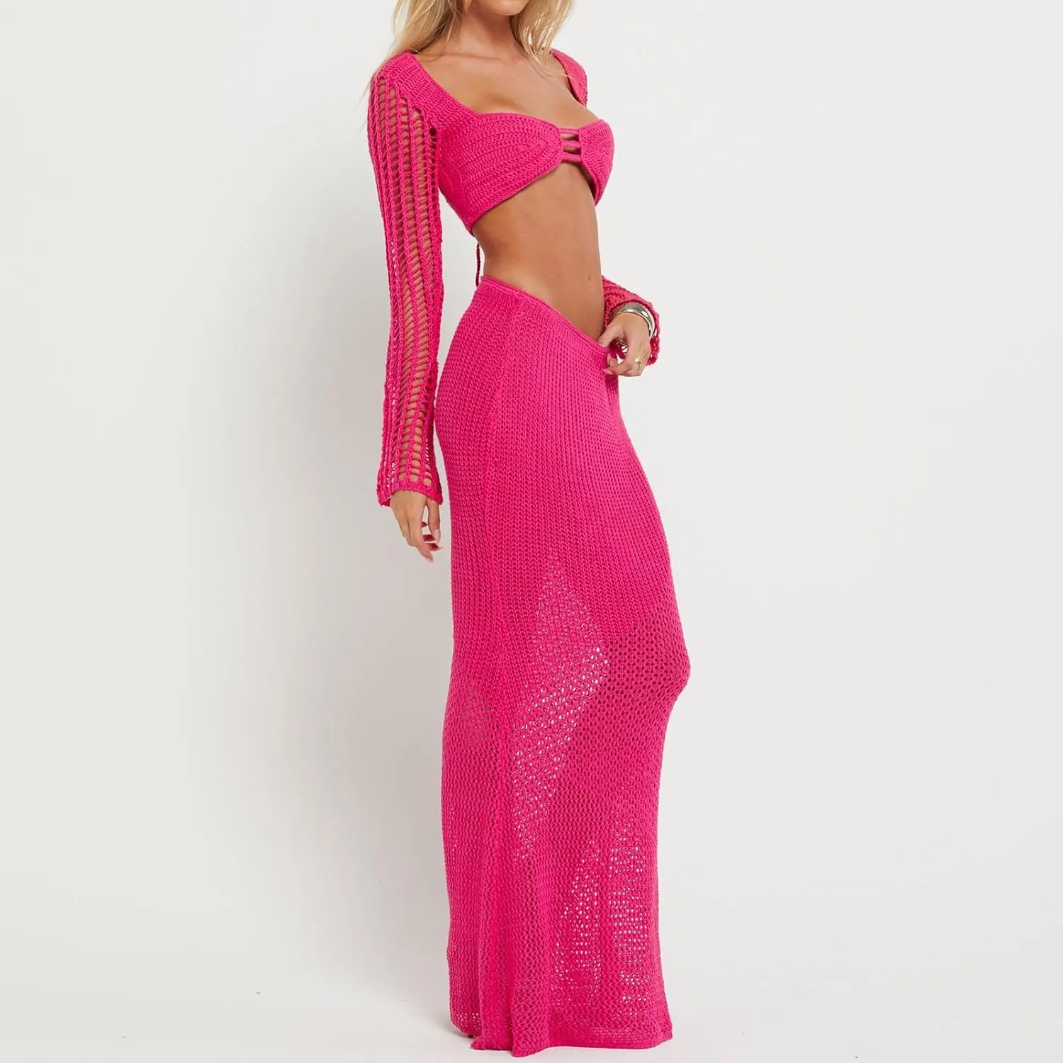 Women Y2K Hollow Out Knit Skirt Outfits Long Sleeve Square Neck Crop Tops   Long Skirts Sexy Beach 2pcs Sets