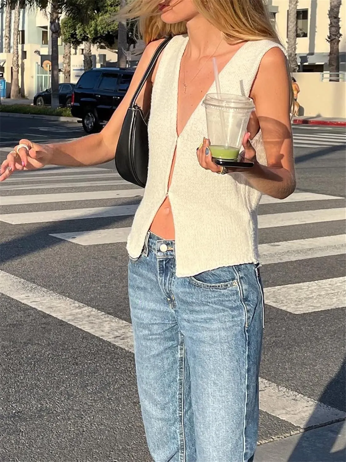 Women Y2k Knit Vest Top Crochet V Neck Sleeveless Button Down Sweater Vest Tank Tops Vintage Streetwear