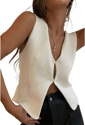 Women Y2k Knit Vest Top Crochet V Neck Sleeveless Button Down Sweater Vest Tank Tops Vintage Streetwear