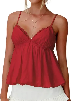 Women Y2k Lace Trim Camisole Spaghetti Strap Flowy Babydoll Tank Tops Cute Bow V Neck Ruffle Hem Peplum Camis