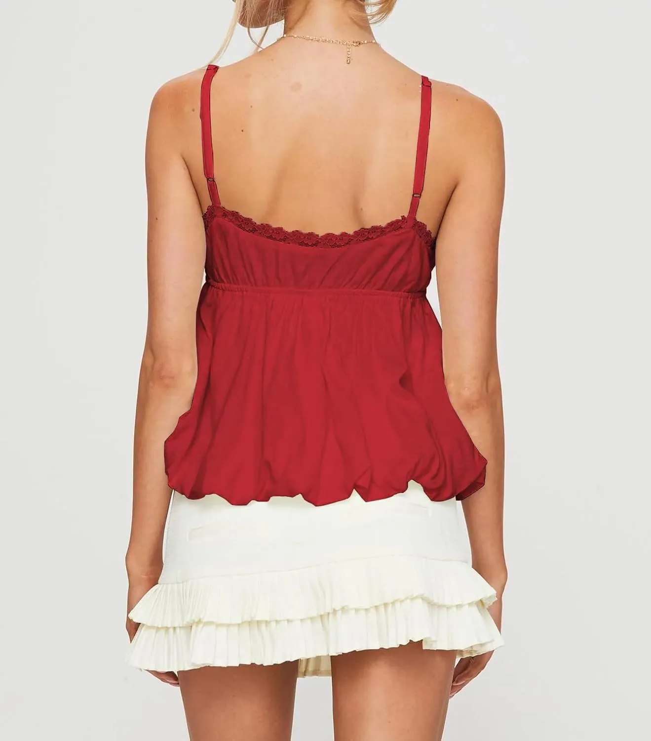 Women Y2k Lace Trim Camisole Spaghetti Strap Flowy Babydoll Tank Tops Cute Bow V Neck Ruffle Hem Peplum Camis