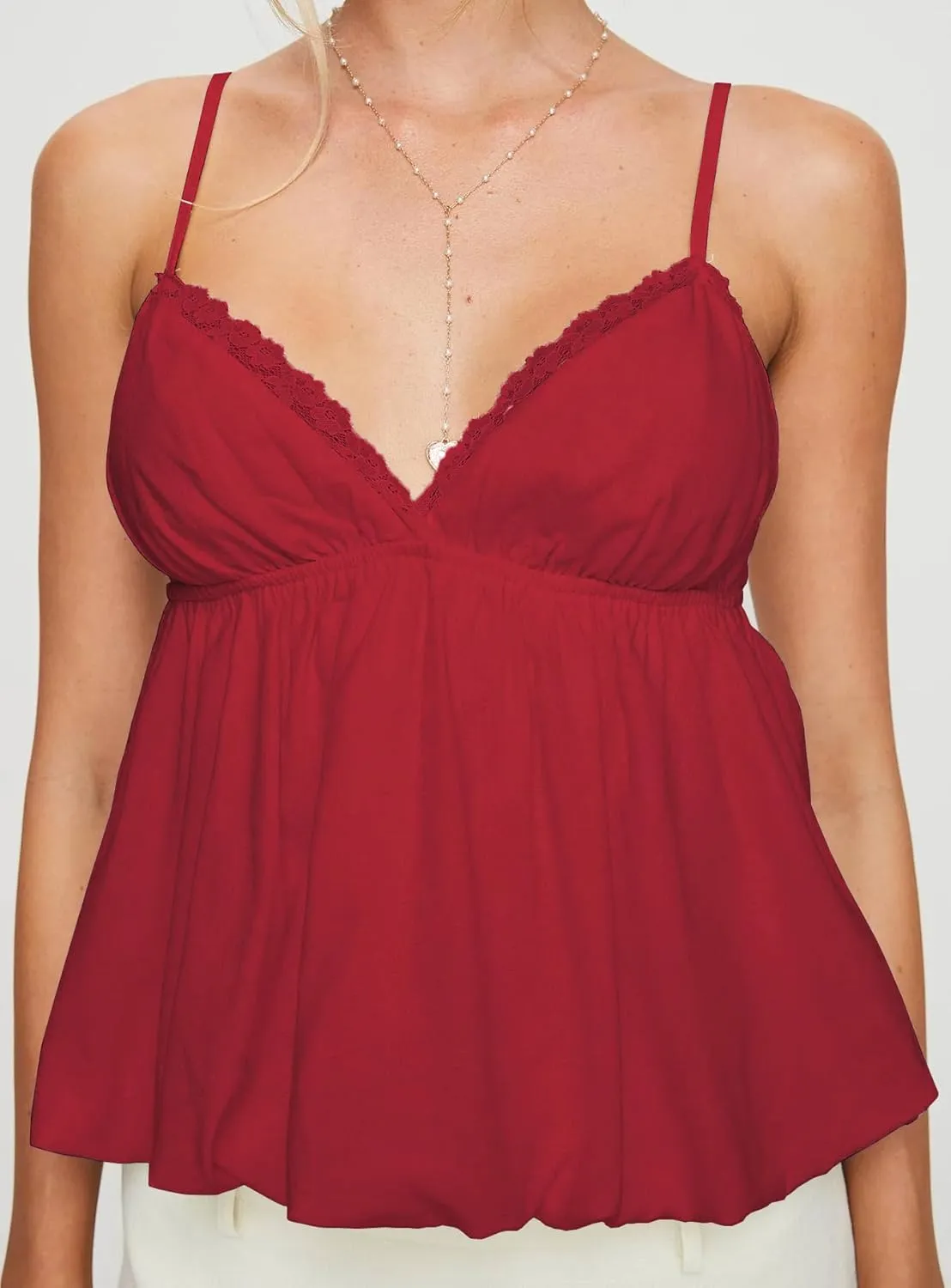 Women Y2k Lace Trim Camisole Spaghetti Strap Flowy Babydoll Tank Tops Cute Bow V Neck Ruffle Hem Peplum Camis
