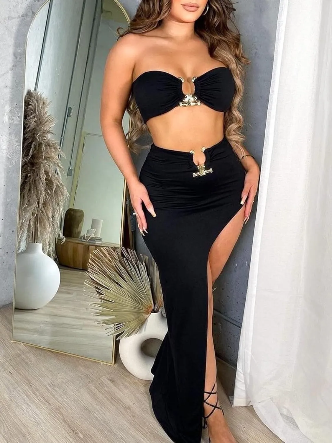 Women's 2 Piece Outfits Crop Tube Tops and Split Long Skirt Set