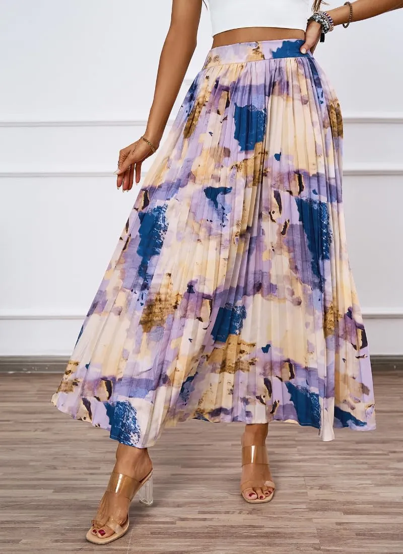 Women's Boho Floral Print Casual Pleated Skirt Summer Chiffon Elastic High Waist A-Line Midi Length Skirt