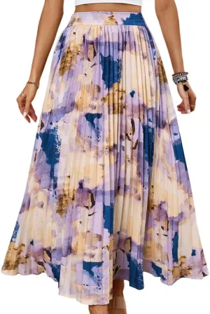 Women's Boho Floral Print Casual Pleated Skirt Summer Chiffon Elastic High Waist A-Line Midi Length Skirt
