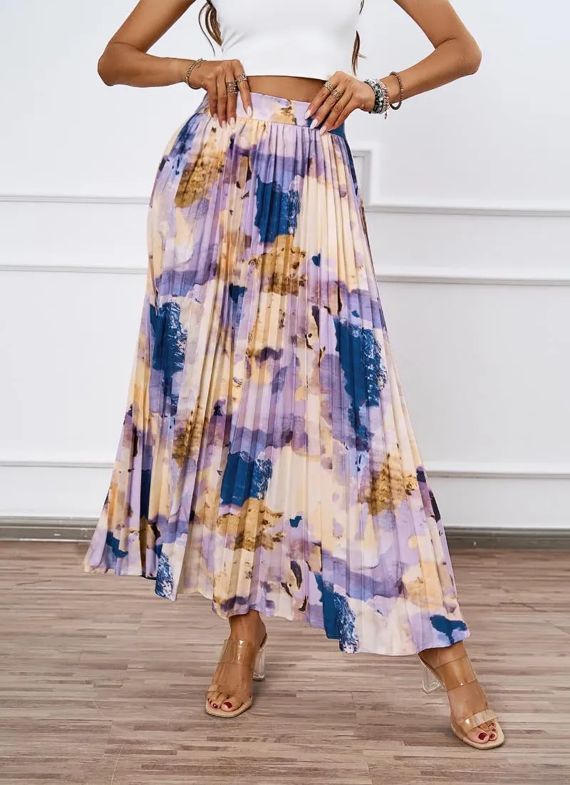 Women's Boho Floral Print Casual Pleated Skirt Summer Chiffon Elastic High Waist A-Line Midi Length Skirt