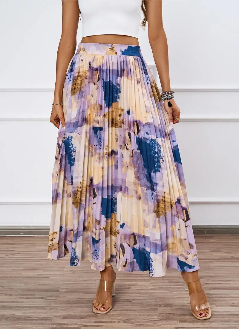 Women's Boho Floral Print Casual Pleated Skirt Summer Chiffon Elastic High Waist A-Line Midi Length Skirt