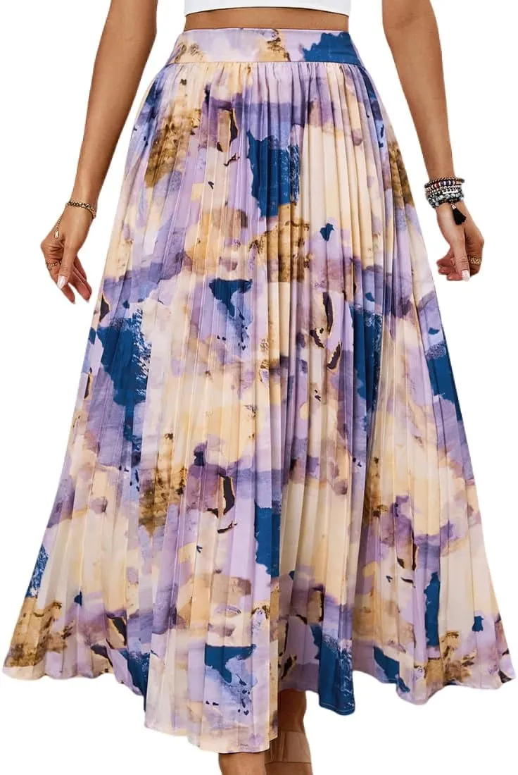 Women's Boho Floral Print Casual Pleated Skirt Summer Chiffon Elastic High Waist A-Line Midi Length Skirt