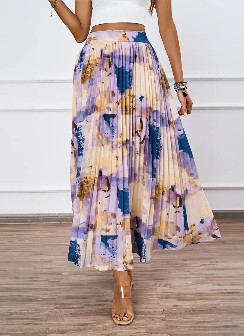 Women's Boho Floral Print Casual Pleated Skirt Summer Chiffon Elastic High Waist A-Line Midi Length Skirt