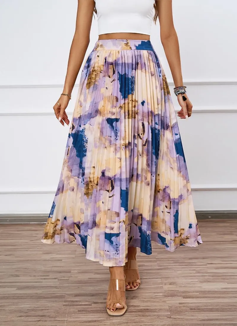 Women's Boho Floral Print Casual Pleated Skirt Summer Chiffon Elastic High Waist A-Line Midi Length Skirt