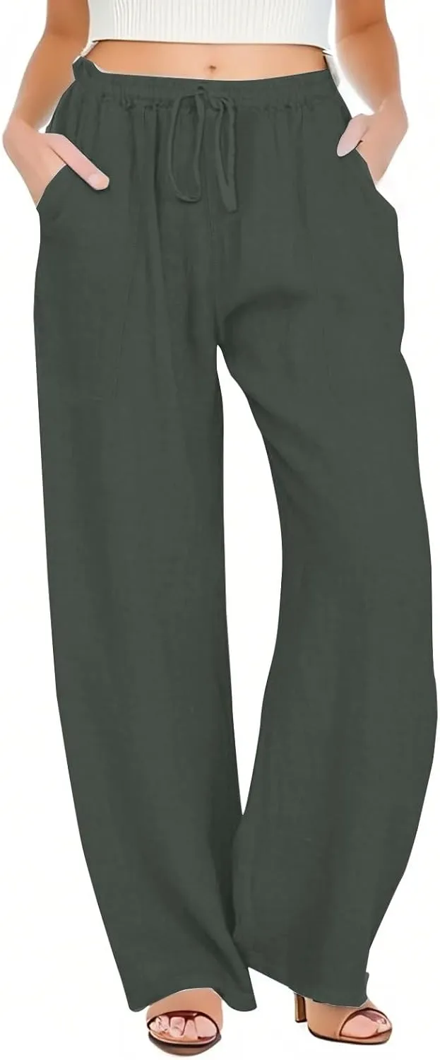 Womens Capri Pants Wide Leg Summer Cotton Linen Cargo, Cargo Pants Women Trousers with Pockets Baggy Low Rise