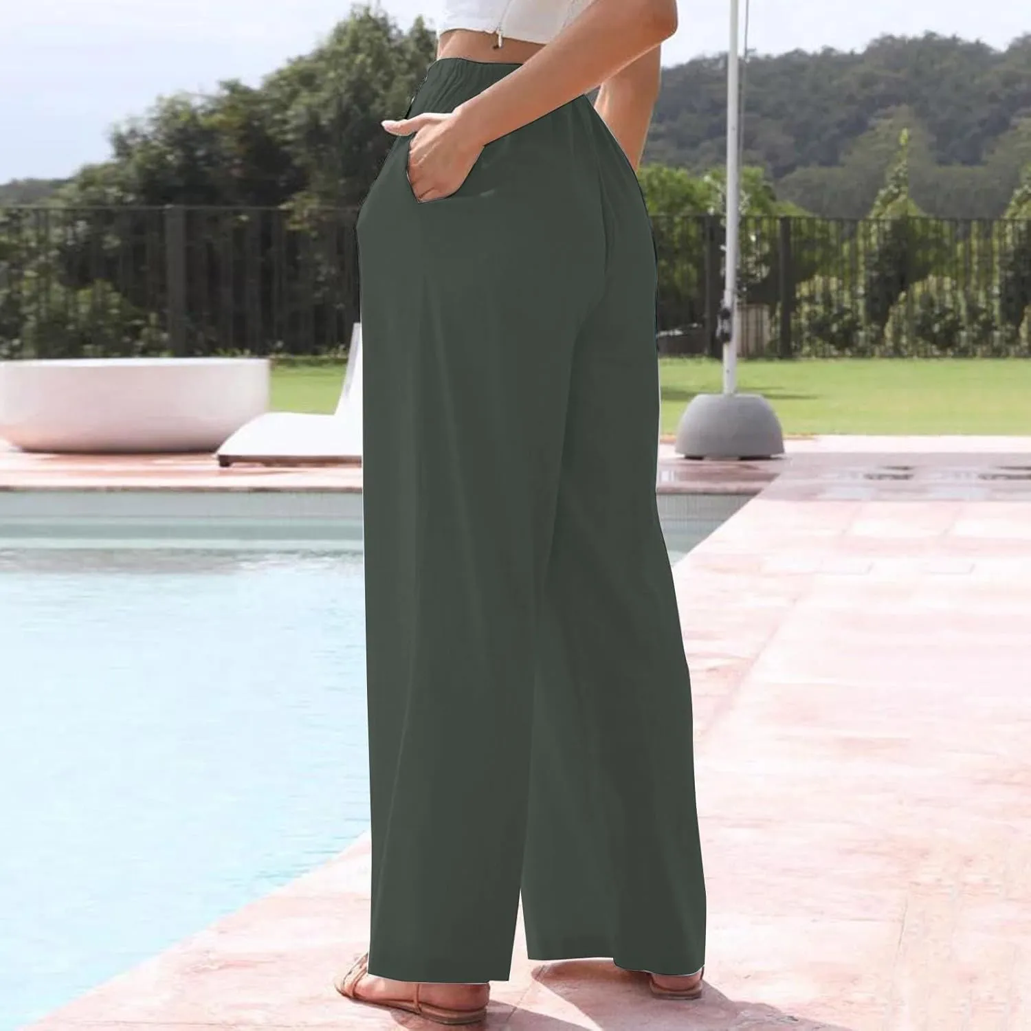 Womens Capri Pants Wide Leg Summer Cotton Linen Cargo, Cargo Pants Women Trousers with Pockets Baggy Low Rise